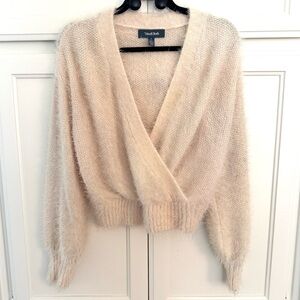 Modcloth Soft Fuzzy Faux Wrap V-Neck Sweater in Cream